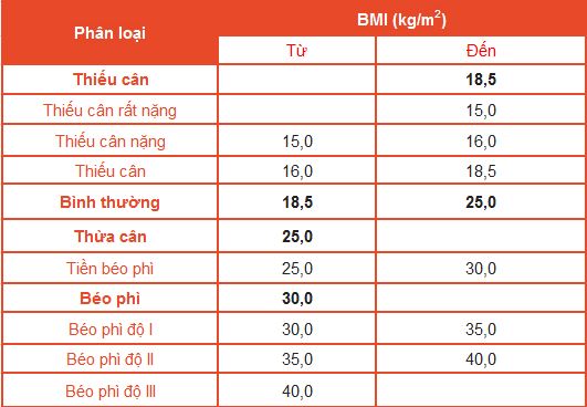 phân loại chỉ số BMI